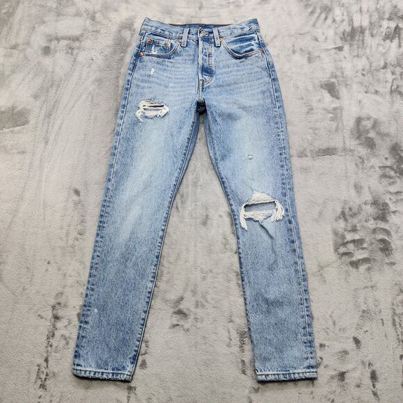 Levi's 501 Jeans Women W25 L 30 Blue High Rise Skinny Distressed Stretch Premium - Picture 1 of 16